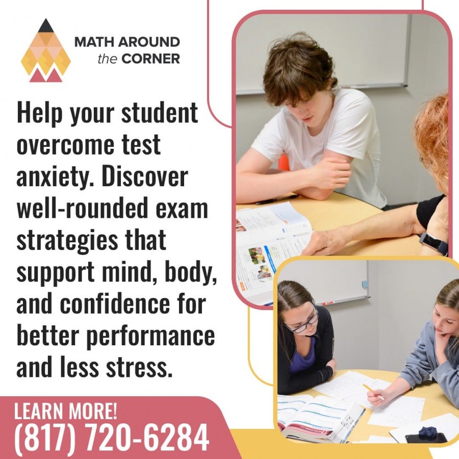 An advertisement for “Math Around the Corner” tutoring services, featuring two students studying and text promoting help with overcoming test anxiety.