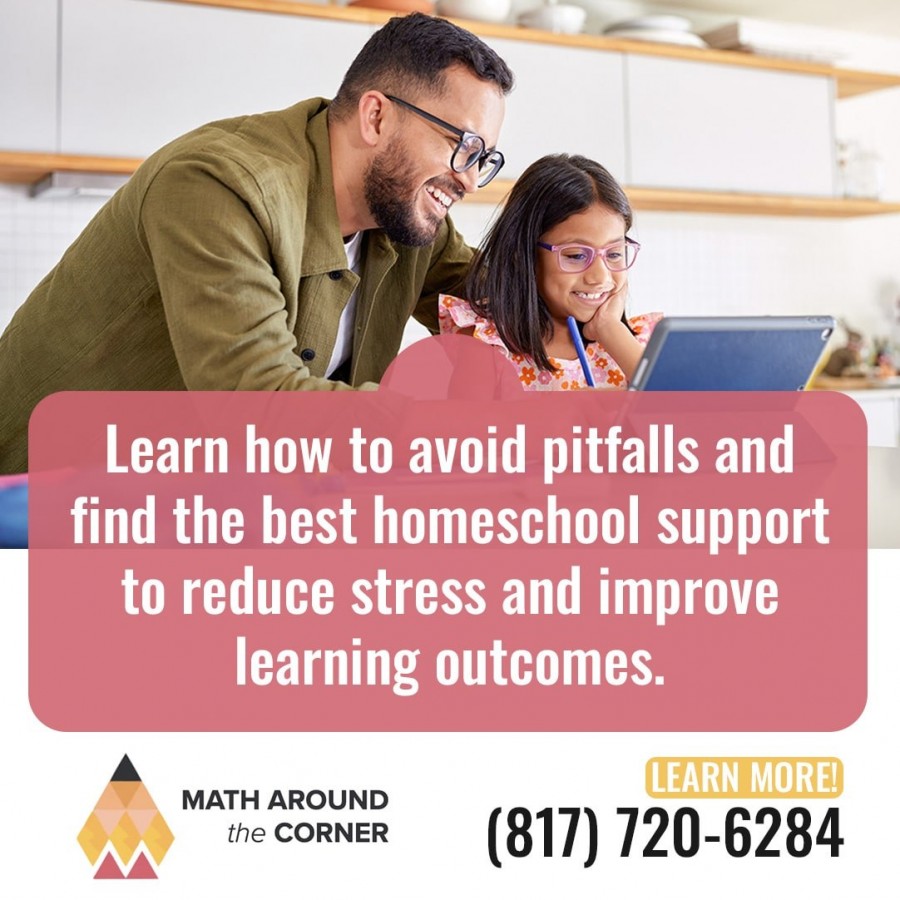 An advertisement for “Math Around the Corner” tutoring services, featuring a parent and child working on a laptop and text promoting homeschool support to reduce stress and improve learning outcomes.