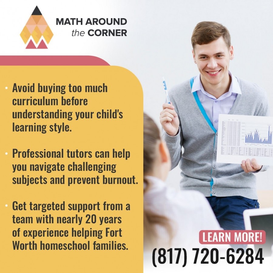 An advertisement for “Math Around the Corner” tutoring services, featuring a tutor holding papers and text promoting personalized support for homeschool families.