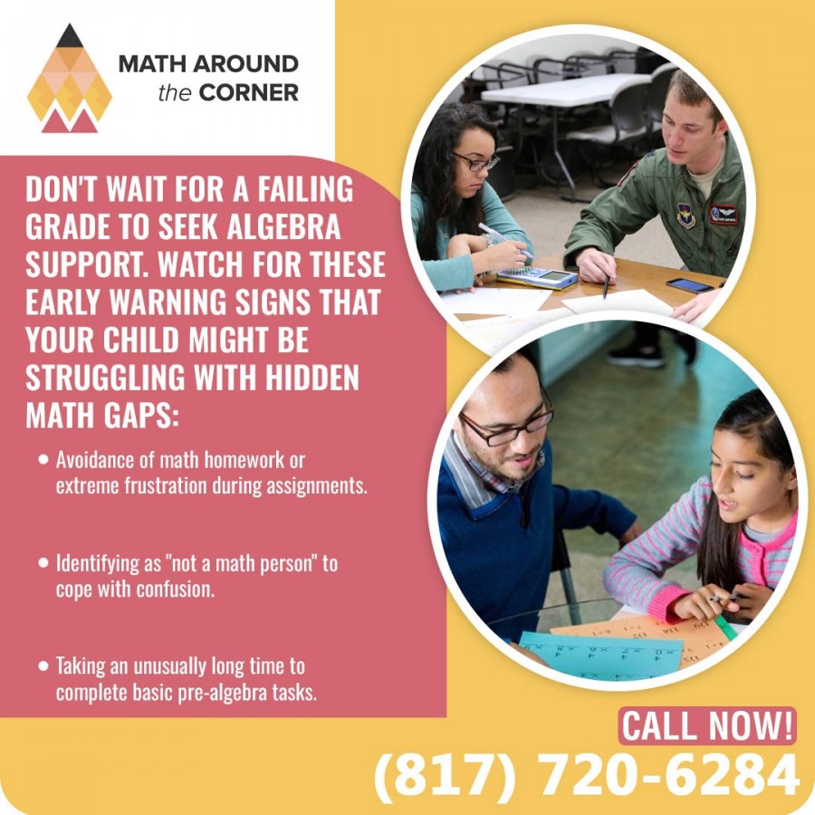 An educational graphic from Math Around the Corner listing warning signs that a child is struggling with algebra, featuring images of tutors helping students.