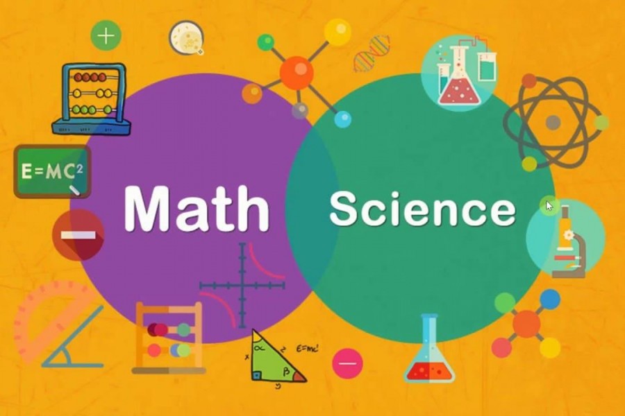 A colorful Venn diagram on a yellow background showing the intersection of Math and Science, surrounded by STEM icons like an abacus, microscope, atoms, and beakers.