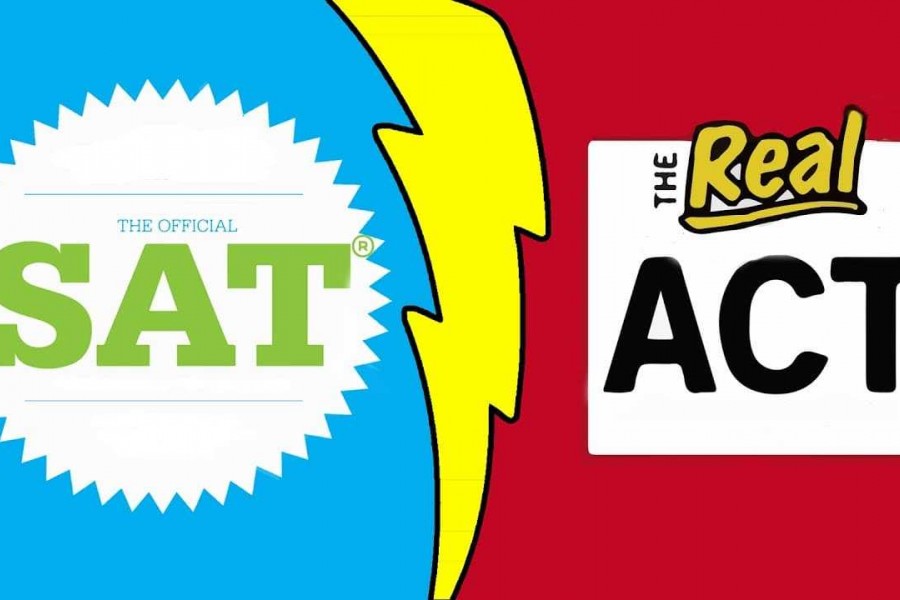 Illustration comparing the SAT and ACT standardized college entrance exams.