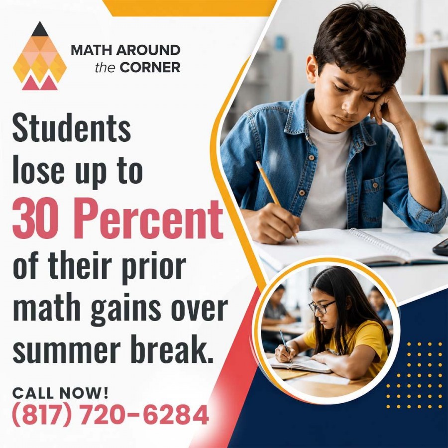 A young boy wearing a denim jacket resting his head on his hand while studying, paired with an inset of a girl writing in a notebook on a Math Around the Corner graphic.
