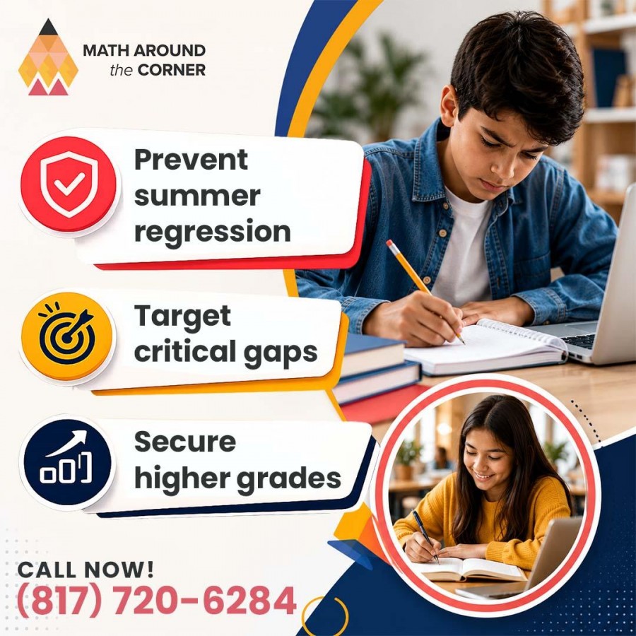 A young boy writing in a notebook next to a laptop and a circular inset photo of a smiling girl studying, featured alongside a Math Around the Corner benefit list.