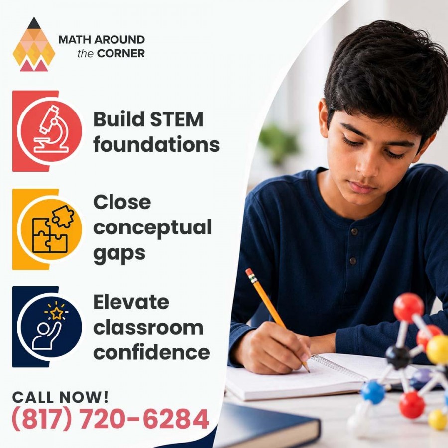 A young male student writing in a spiral notebook next to a molecular model kit, displayed on a Math Around the Corner graphic outlining STEM learning goals.
