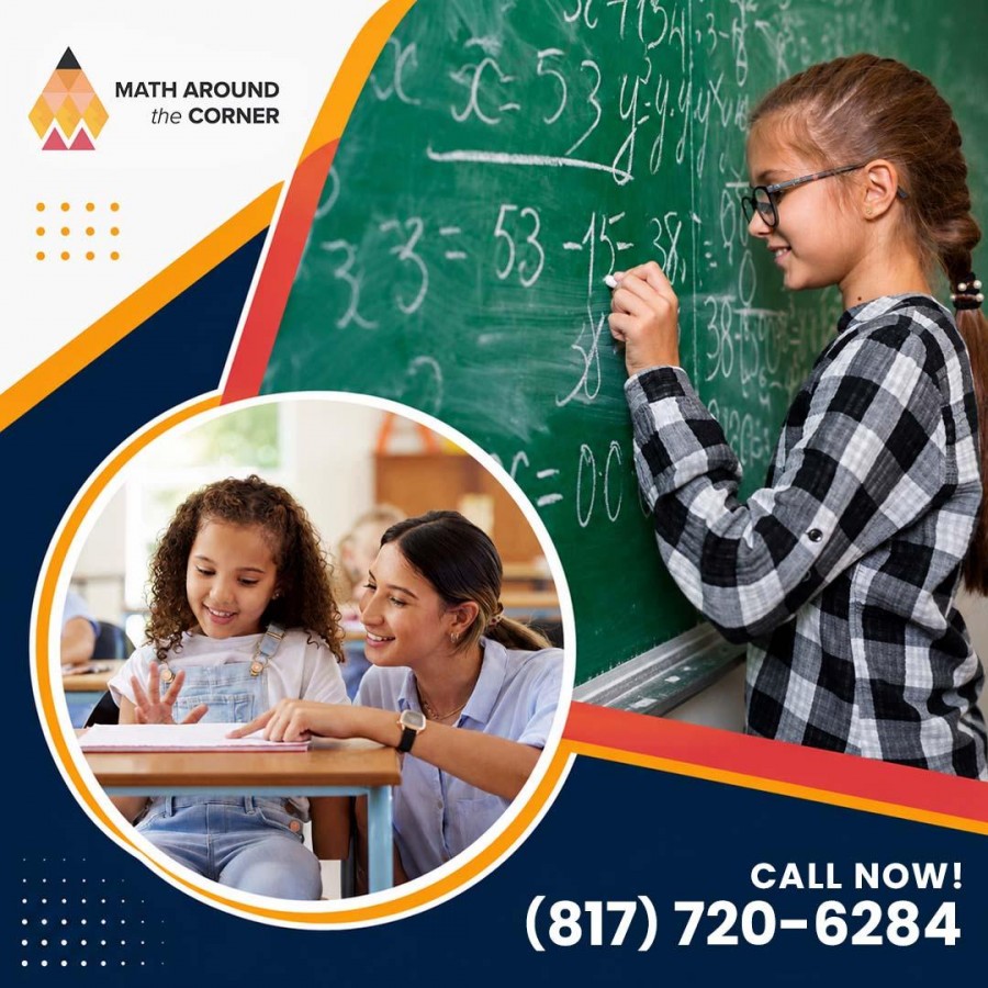 A young girl writing math equations on a chalkboard alongside a circular inset of a tutor helping a student at a desk for Math Around The Corner.