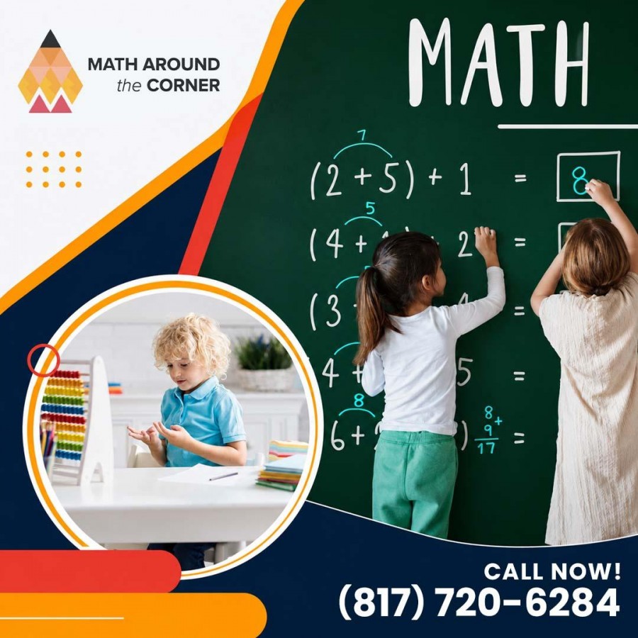 Two young girls writing math addition equations on a green chalkboard alongside a circular inset of a young boy counting at a desk next to an abacus.