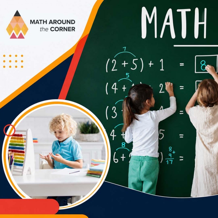 Two young girls writing math addition equations on a green chalkboard alongside a circular inset of a young boy counting at a desk next to an abacus.