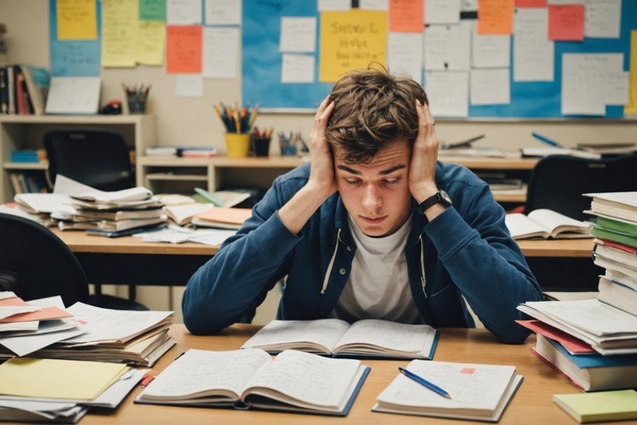 A teen student sitting at a cluttered wooden desk with his head in his hands, surrounded by open books and heavy stacks of paper, illustrating academic stress, burnout, and executive dysfunction.