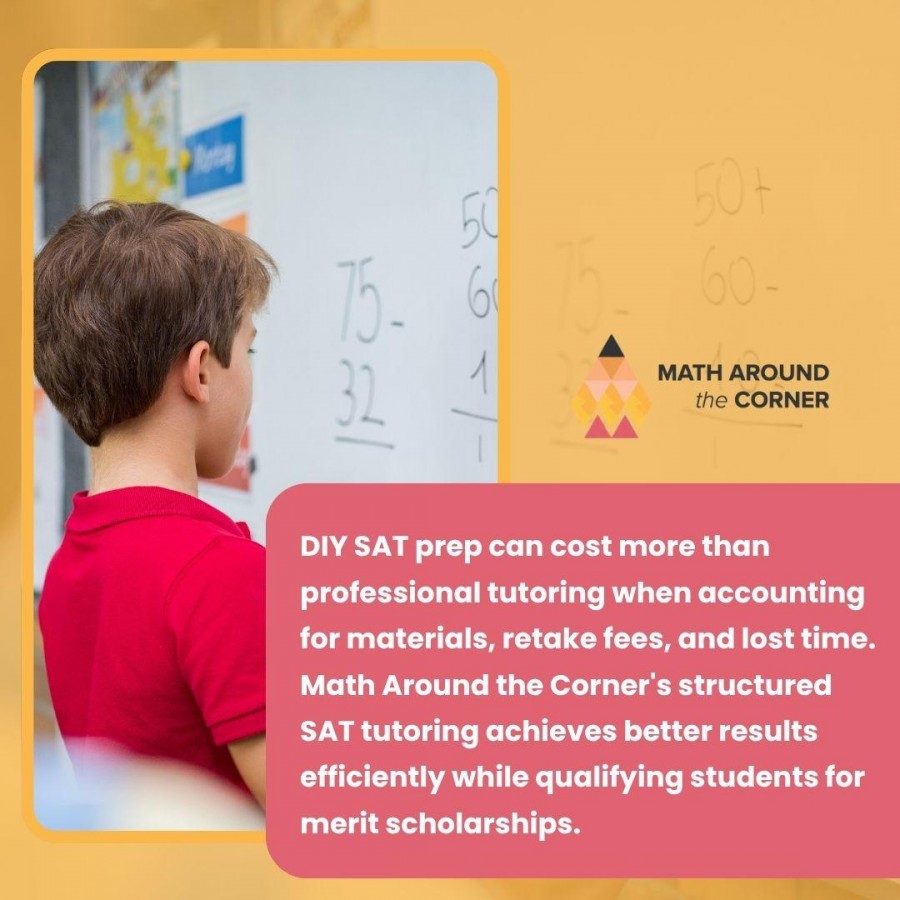 Young boy in a red shirt looking at a whiteboard with simple arithmetic problems (75-32, 60-10).