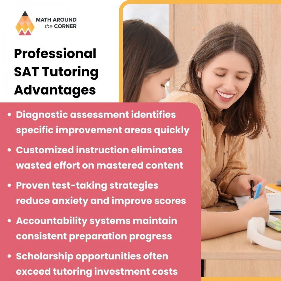 Female tutor smiling while helping a younger student write in a notebook. SAT Tutoring Advantages listed: