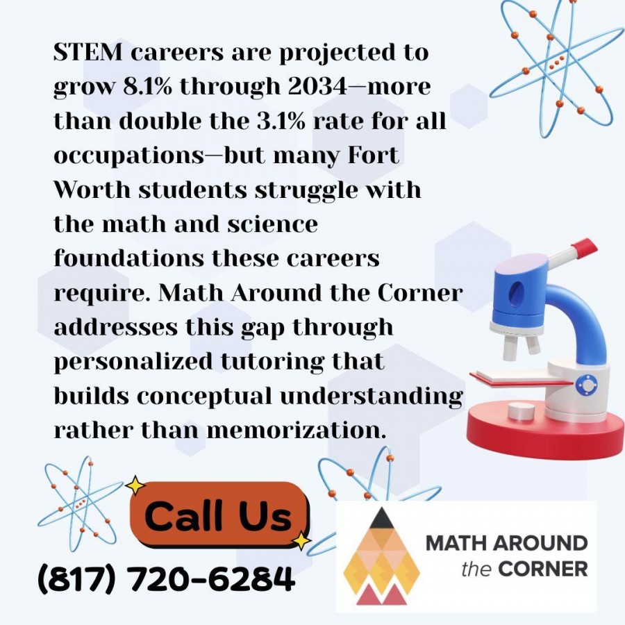 Graphic promoting STEM tutoring in Fort Worth highlighting math and science support for students by Math Around the Corner.