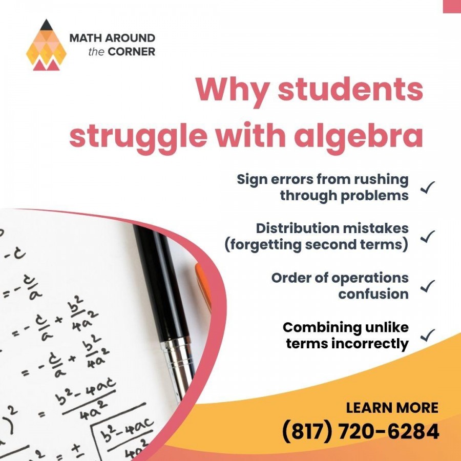 A promotional graphic from Math Around the Corner listing four common reasons students struggle with algebra: sign errors from rushing, distribution mistakes, order of operations confusion, and combining unlike terms incorrectly.