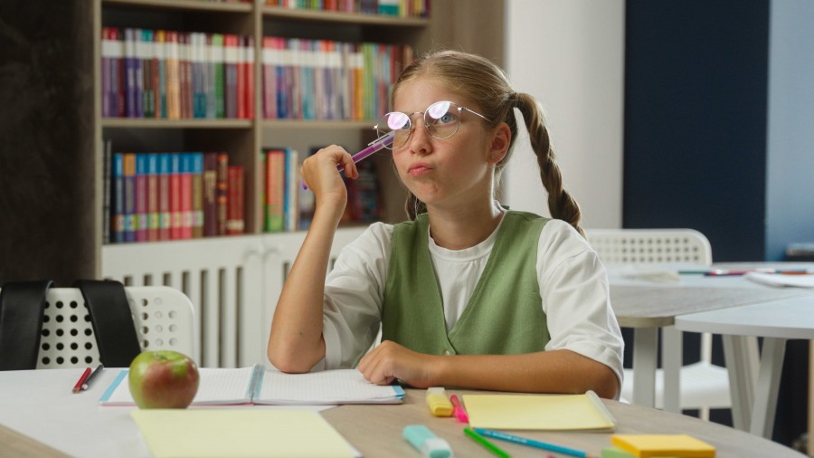 A young Caucasian girl with blonde hair in pigtails and round, reflective glasses sits at a desk, looking thoughtful with a pen near her mouth.